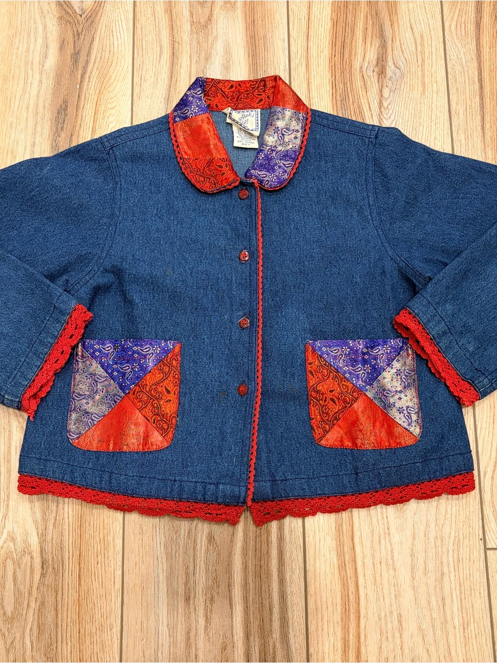 Blue Denim Vintage Jacket  with Red Crochet Trim and Colorful Patch Pockets